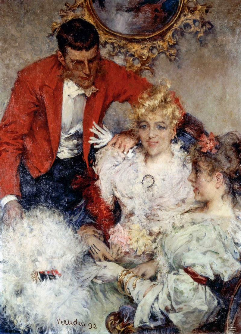 A man with two women in an interior by Umberto Veruda — Oil Painting Reproduction