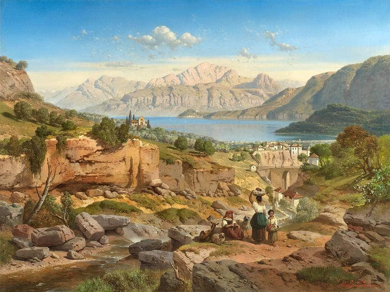 View across Lake Como to Bellagio and the Grigna Massif by Albert Zimmermann — Oil Painting Reproduction