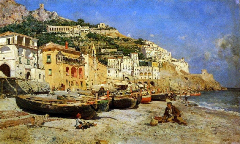 View of Amalfi with boats by Vincenzo Caprile — Oil Painting Reproduction