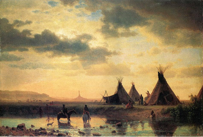 View of Chimney Rock, Ogalillalh Sioux Village in Foreground by Albert Bierstadt — Oil Painting Reproduction