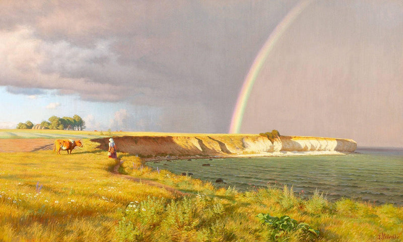 View of Møns Klint, Denmark, with rainbow by Ludvig Kabell — Oil Painting Reproduction