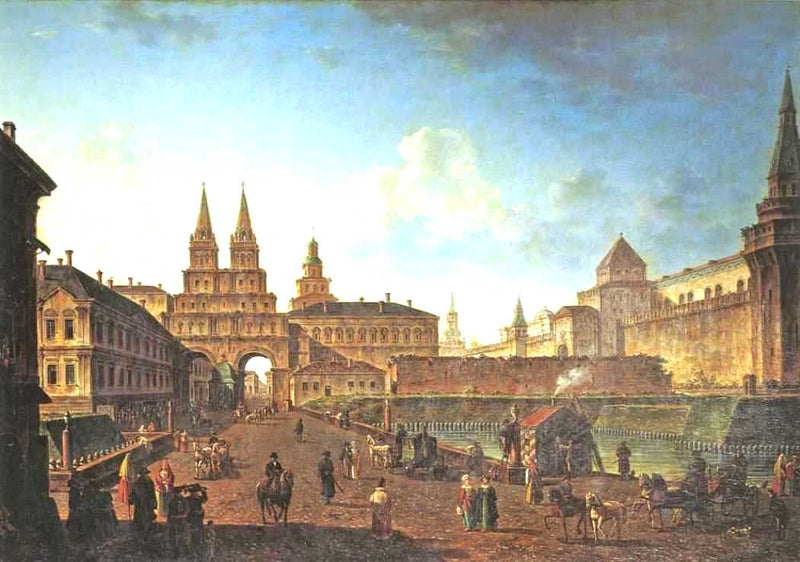 View of the Voskresensky and Nikolsky Gates and the Neglinny Bridge from Tverskay Street in Moscow by Fyodor Alekseyev — Oil Painting Reproduction