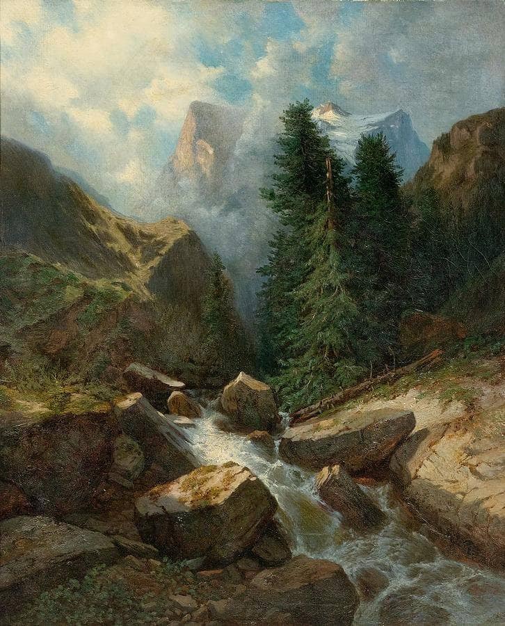 View of the Wellhorn and Wetterhorn from Rosenlaui by Alexandre Calame — Oil Painting Reproduction