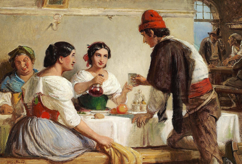 A Young Woman Pouring Wine for a Young Man, study for 'Scene from an Italian Osteria' by Wilhelm Marstrand — Oil Painting Reproduction