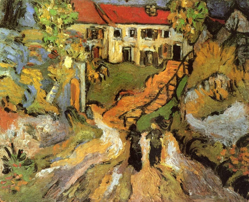 Village Street and Steps in Auvers with Two Figures by Vincent van Gogh — Oil Painting Reproduction