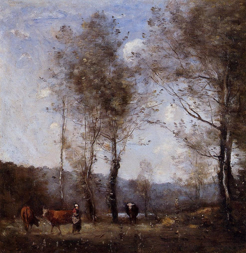 Ville d'Avray, Cowherd in a Clearing near a Pond by Camille Corot — Oil Painting Reproduction