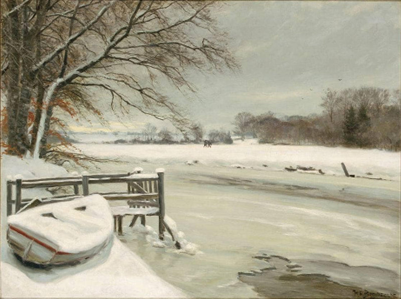 Vinterdag Ved Åen, I Baggrunden Vender Jægerne Hjem by Hans Andersen Brendekilde — Oil Painting Reproduction