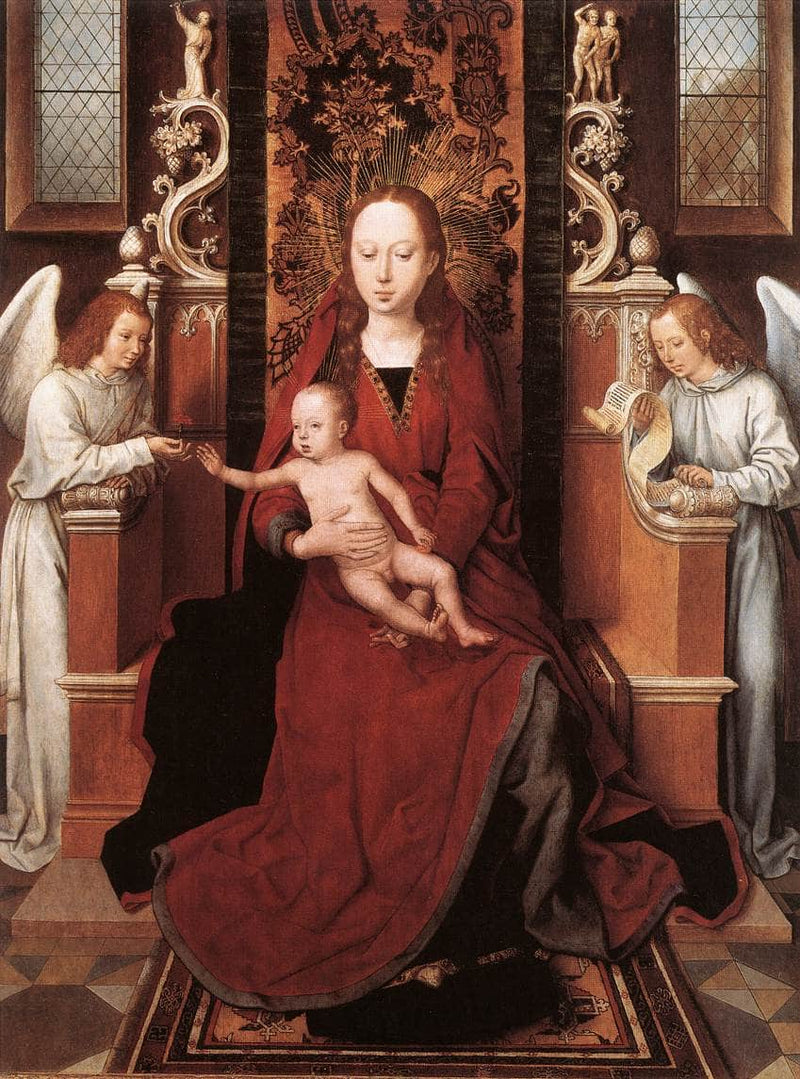 Virgin and Child Enthroned with Two Angels by Hans Memling — Oil Painting Reproduction