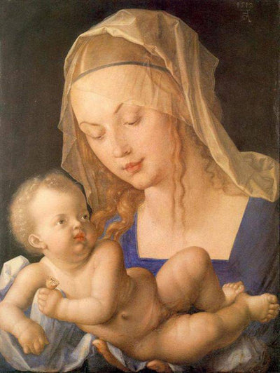 Virgin and child holding a half eaten pear in modern living room