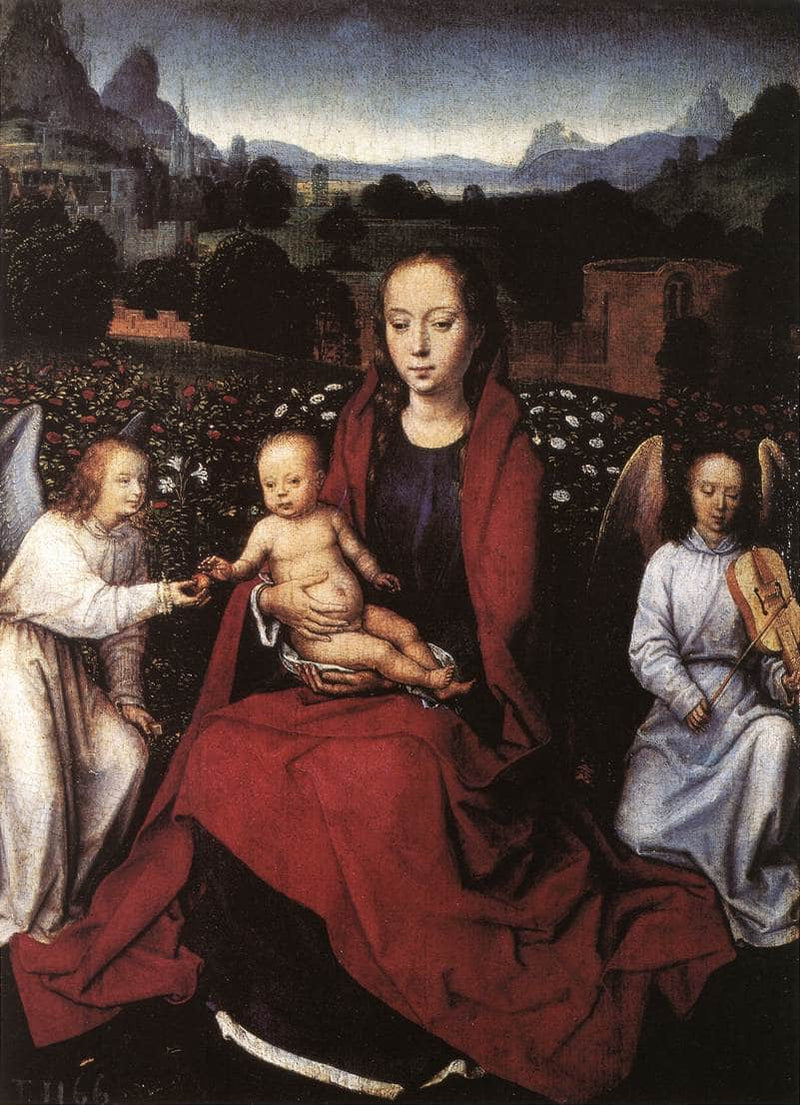 Virgin and Child in a Rose Garden with Two Angels by Hans Memling — Oil Painting Reproduction