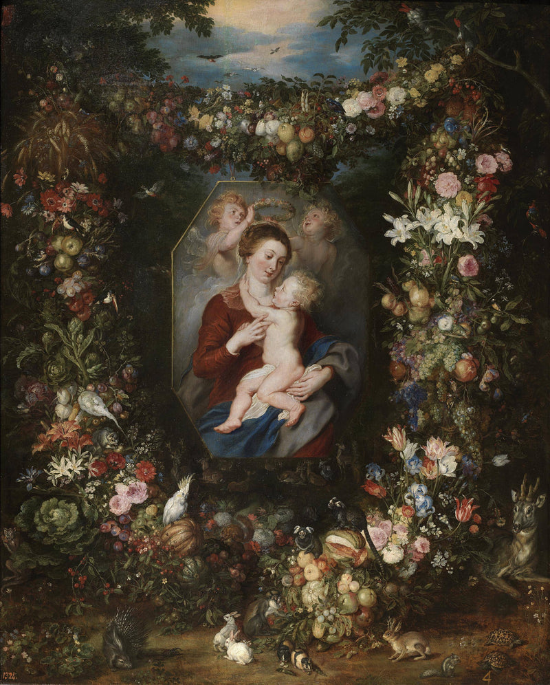 Virgin and Child Surrounded by Flowers and Fruit by Jan Brueghel the Elder — Oil Painting Reproduction