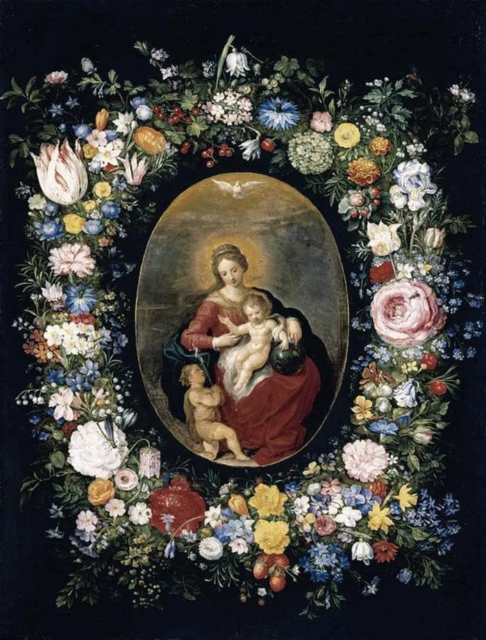 Virgin and Child with Infant St John in a Garland of Flowers by Jan Brueghel the Elder — Oil Painting Reproduction