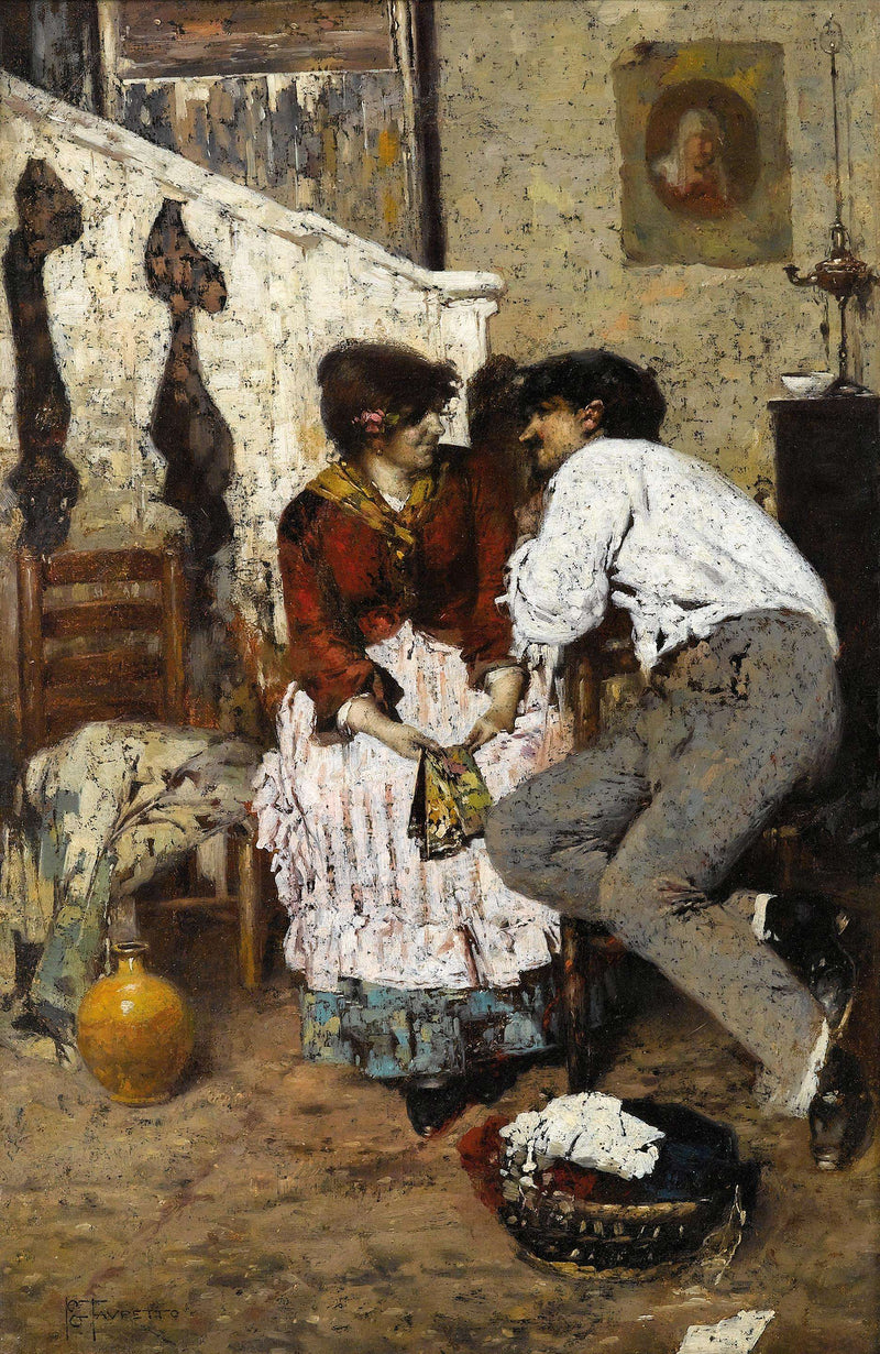 Warmth, a Venetian couple by Giacomo Favretto — Oil Painting Reproduction