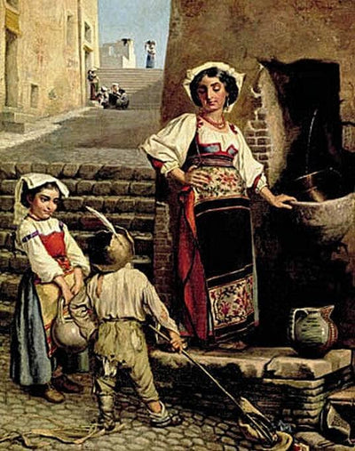 Roman street scene with a woman and two children at a well in kitchen