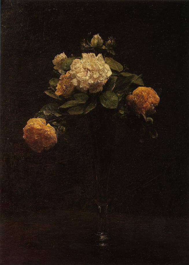 White and Yellow Roses in a Tall Vase by Henri Fantin-Latour — Oil Painting Reproduction