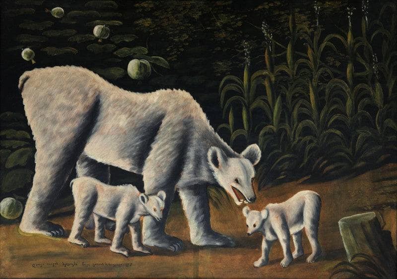 White bear with her cubs (in cornfield) by Niko Pirosmani — Oil Painting Reproduction