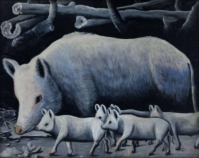 White sow with piglets in living room
