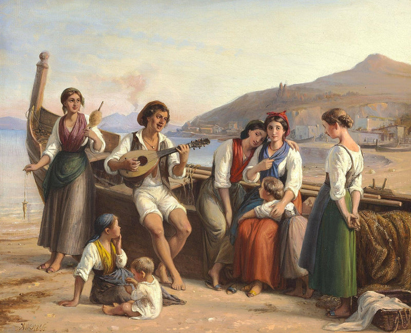 Young man from Naples playing and singing serenades for young women by Wilhelm Marstrand — Oil Painting Reproduction