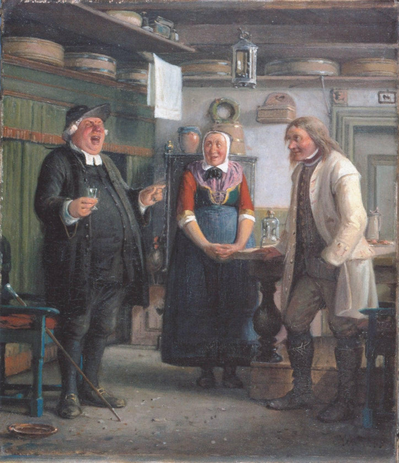 Per Degn ("Per, the deacon") sings for a glass of akvavit, An incident from the Ludvig Holberg comedy, Erasmus Montanus (Act 1, scene 4) by Wilhelm Marstrand — Oil Painting Reproduction