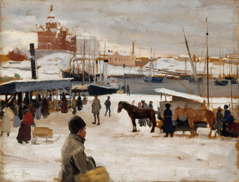 Winter Day at Helsinki Market Square, Study by Albert Edelfelt — Oil Painting Reproduction