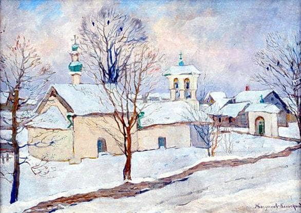 Winter landscape with a church by Nikolay Bogdanov-Belsky — Oil Painting Reproduction
