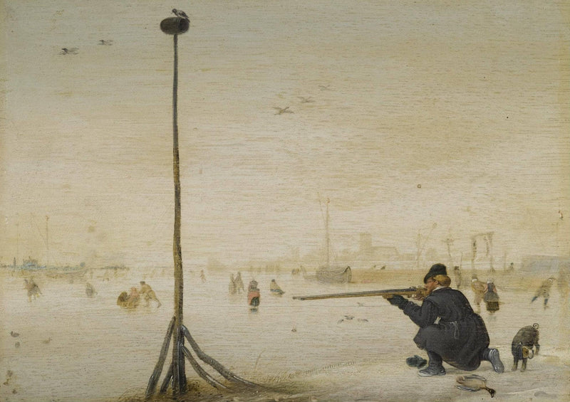 Winter Landscape with a Hunter Shooting Duck at the Edge of a Frozen Waterway / Winter Landscape with a Duck Hunter by Hendrick Avercamp — Oil Painting Reproduction