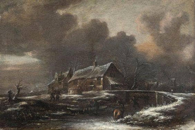 Winter landscape with ice skaters on frozen river In front of country houses woman at fountain in bedroom