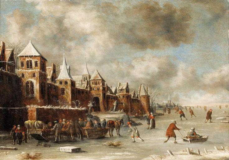 Winterlandschap met schaatsers nabij de stadsmuren. by Klaes Molenaer — Oil Painting Reproduction