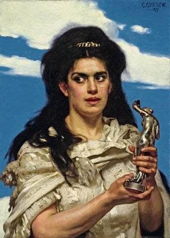 Woman against blue sky, holding a bronze figure by Karl Gussow — Oil Painting Reproduction