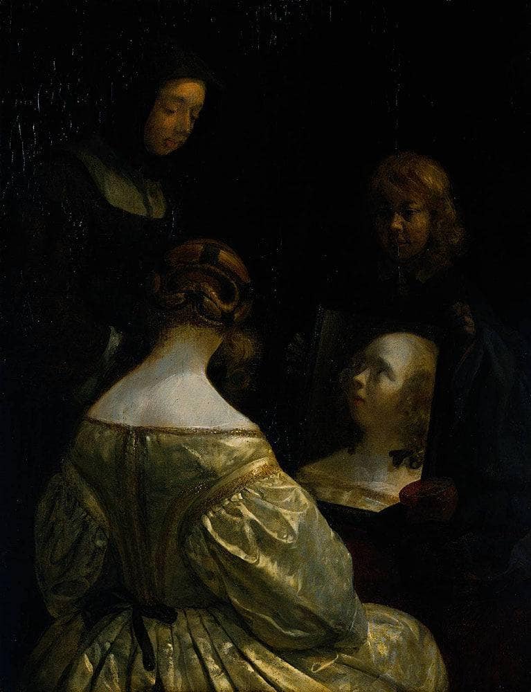 Woman at a Mirror by Gerard Terborch — Oil Painting Reproduction
