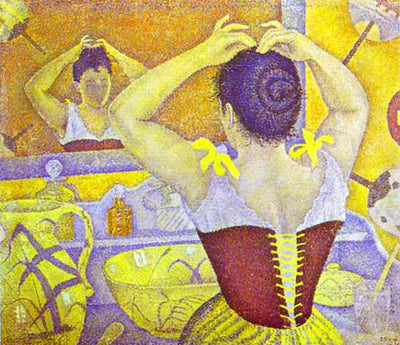 Woman at her toilette wearing a purple corset in modern living room