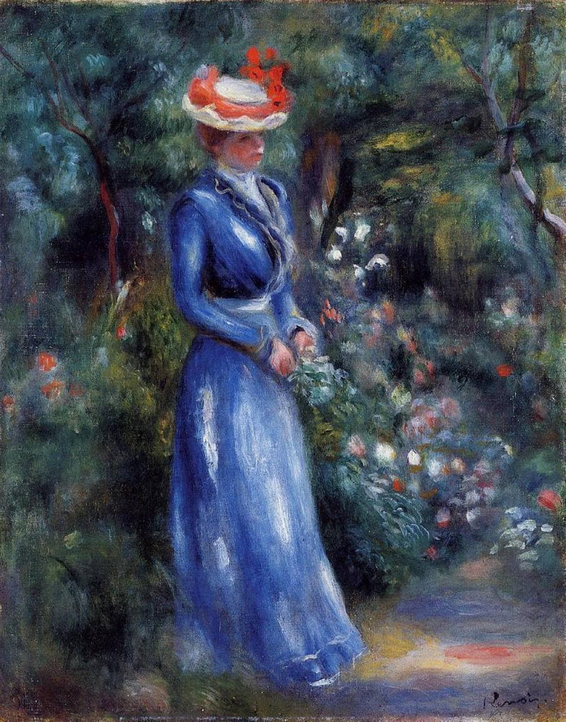 Woman in a Blue Dress, Standing in the Garden of Saint Cloud by Pierre-Auguste Renoir — Oil Painting Reproduction