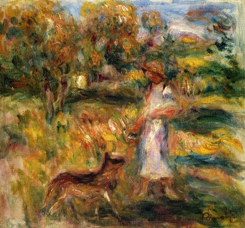 Woman in Blue and Zaza in a Landscape by Pierre-Auguste Renoir — Oil Painting Reproduction