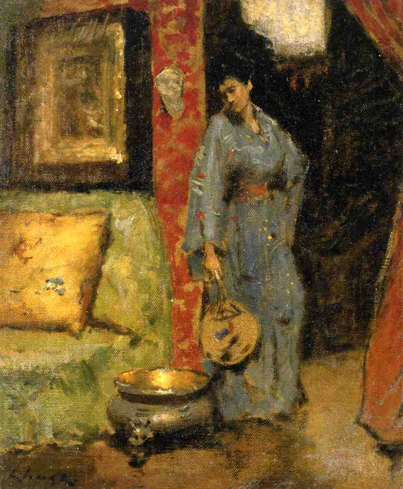 Woman in Kimono Holding a Japanese Fan by William Merritt Chase — Oil Painting Reproduction