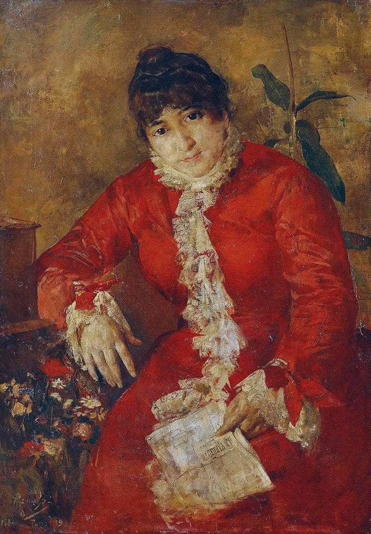 Woman in scarlet dress with newspaper sheet and ficus by Anton Romako — Oil Painting Reproduction