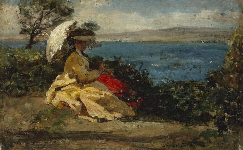 Woman in the umbrella, Douarnenez Bay by Jules Breton — Oil Painting Reproduction