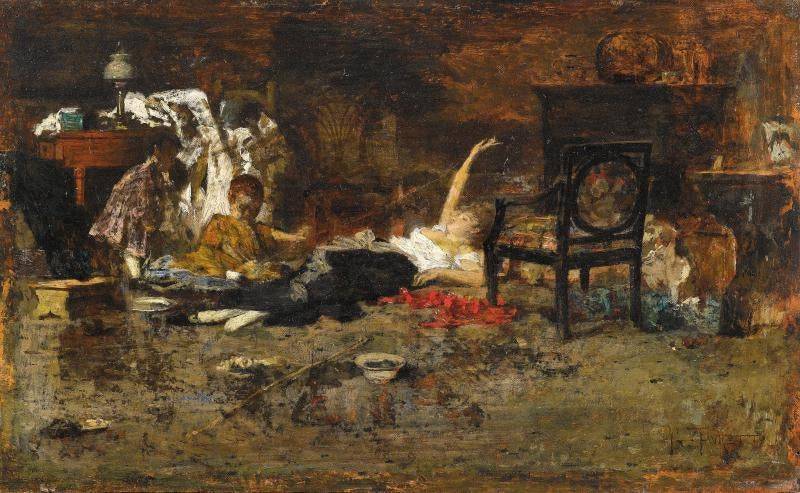 Woman lying on the floor surrounded by children by Giacomo Favretto — Oil Painting Reproduction