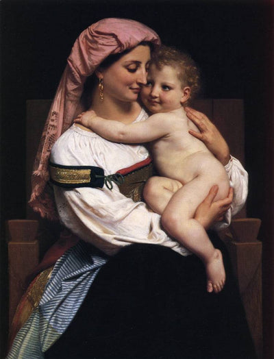 Woman of Cervara and her child in modern living room
