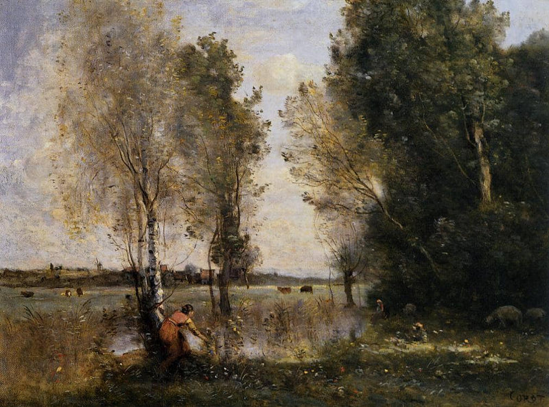Woman Picking Flowers in a Pasture by Camille Corot — Oil Painting Reproduction