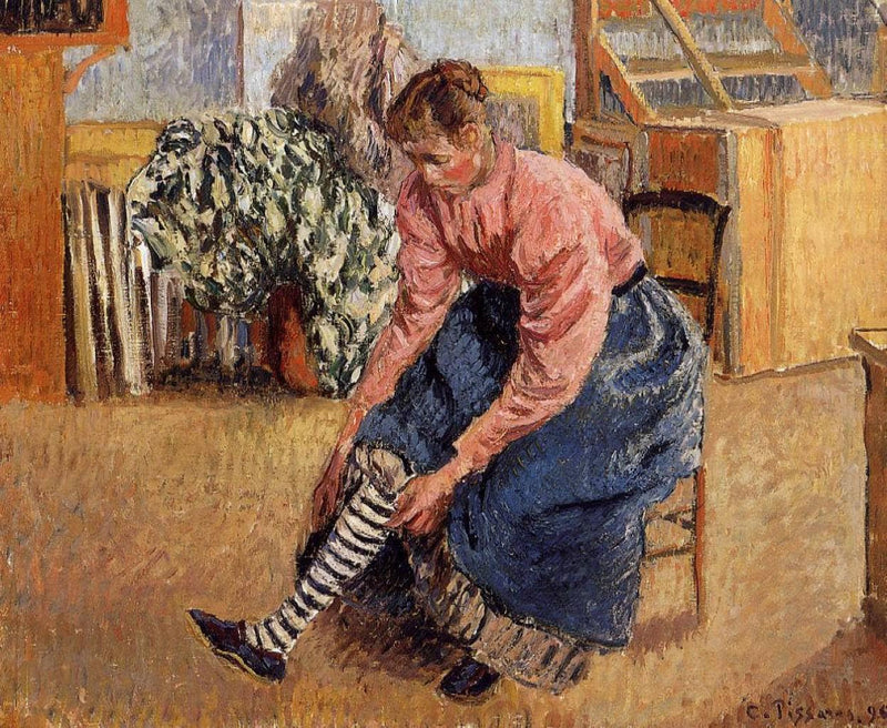 Woman Putting on Her Stockings by Camille Pissarro — Oil Painting Reproduction