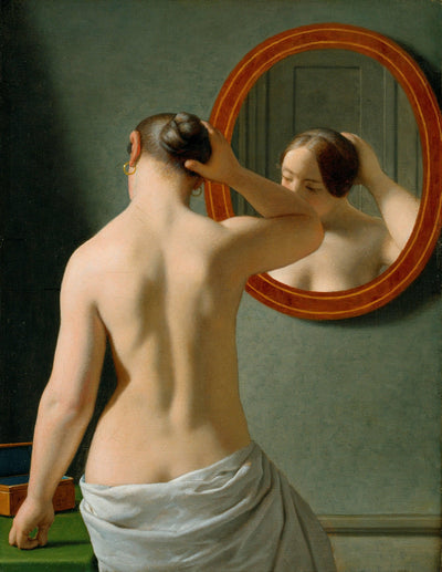 Woman Standing in Front of a Mirror or Morning Toilette in living room