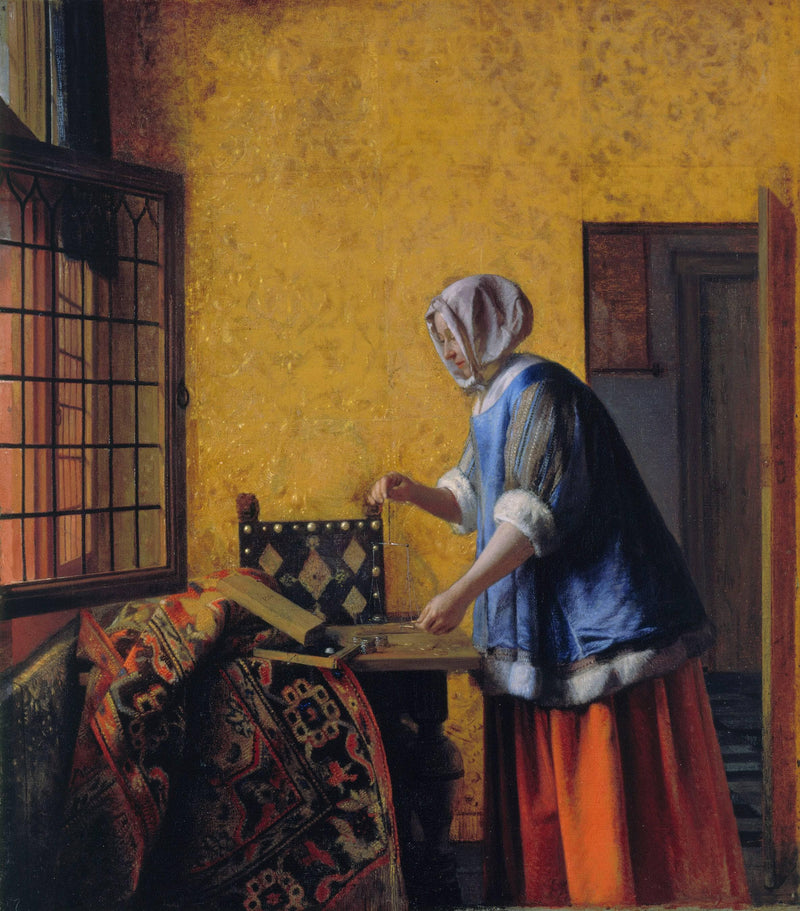 Woman weighing gold coins by Pieter de Hooch — Oil Painting Reproduction