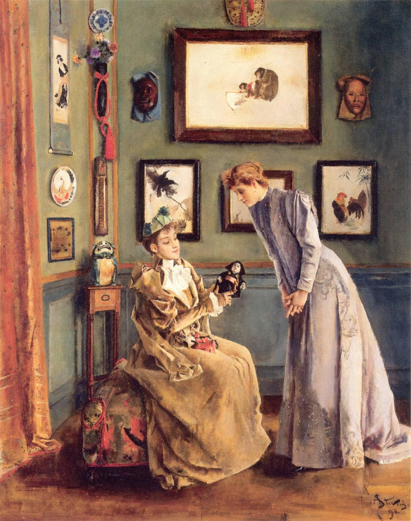 Woman with a Japanese Doll by Alfred Stevens — Oil Painting Reproduction