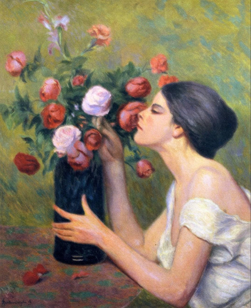Woman with bouquet of roses by Federico Zandomeneghi — Oil Painting Reproduction