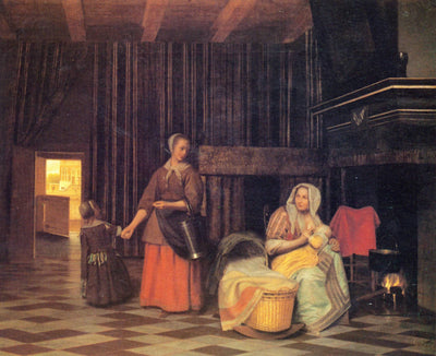 Woman with infant, serving maid with child in hallway