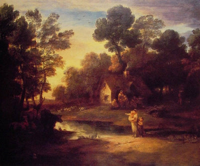 Wooded Landscape with Cattle by a Pool and a Cottage at Evening in kitchen