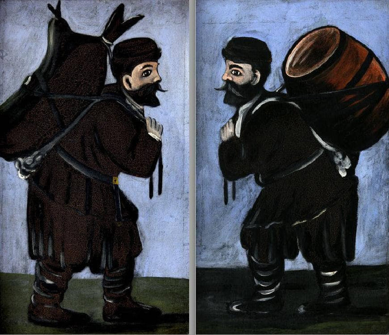 Workers with a barrel (diptych) by Niko Pirosmani — Oil Painting Reproduction