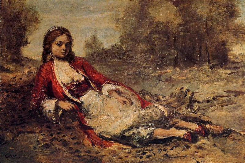 Young Algerian Woman Lying on the Grass by Camille Corot — Oil Painting Reproduction