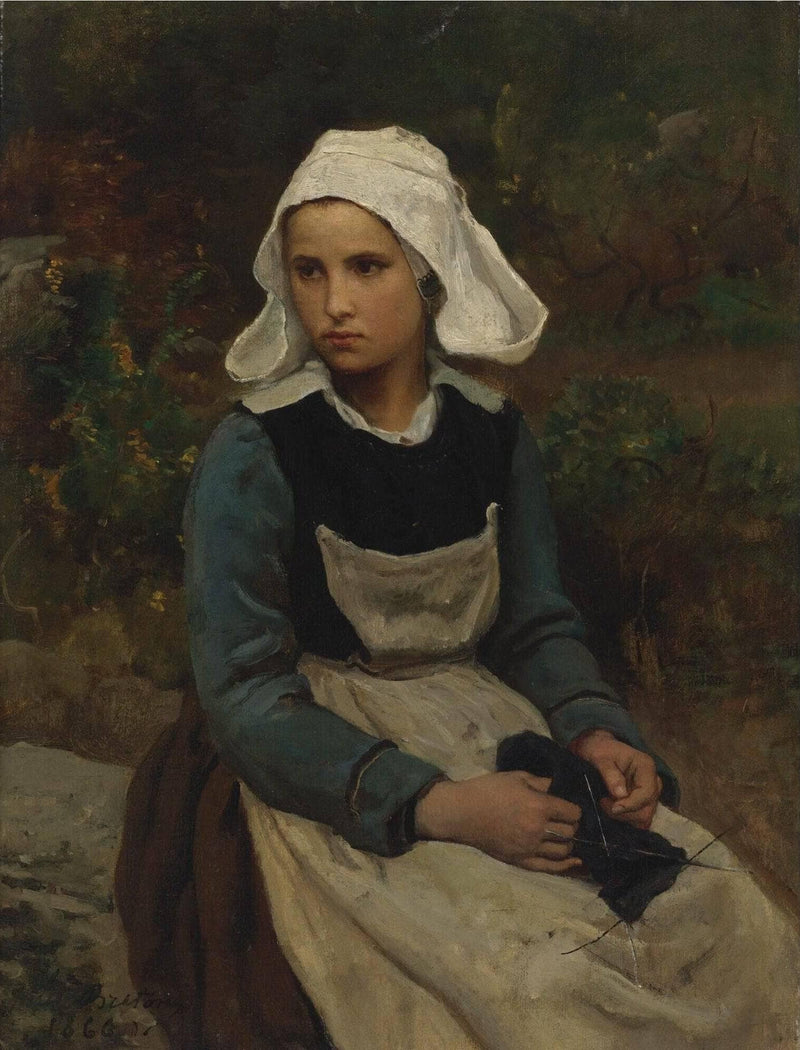 Young Brittany girl knitting by Jules Breton — Oil Painting Reproduction