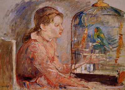 Young Girl and the Budgie in home office